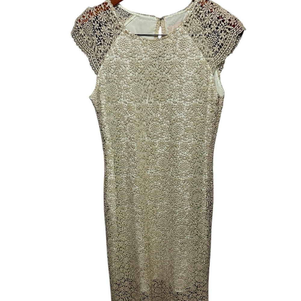 Beige Lace Embellished Cocktail Sheath Midi Dress 12 - Picture 3 of 10